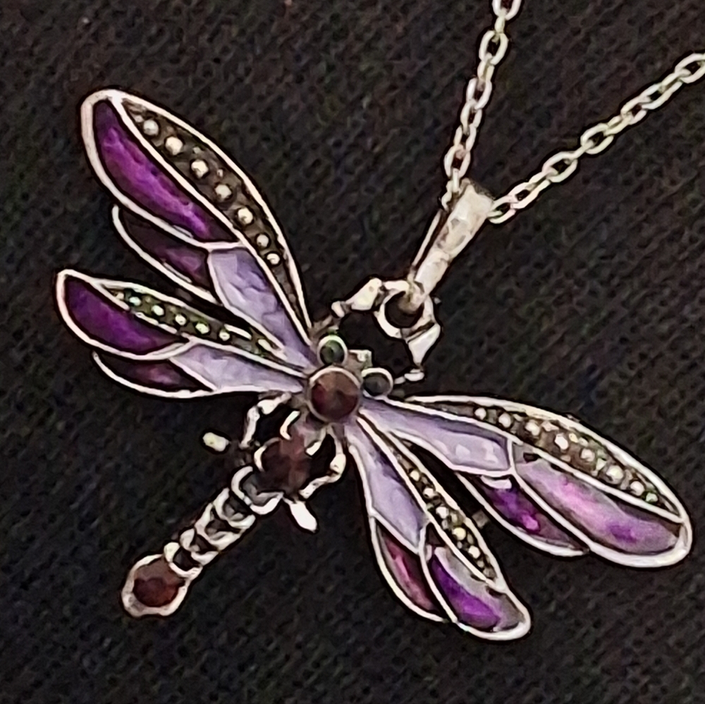 Silvertone and Purple Dragonfly Pendant Necklace - Picture 5 of 10